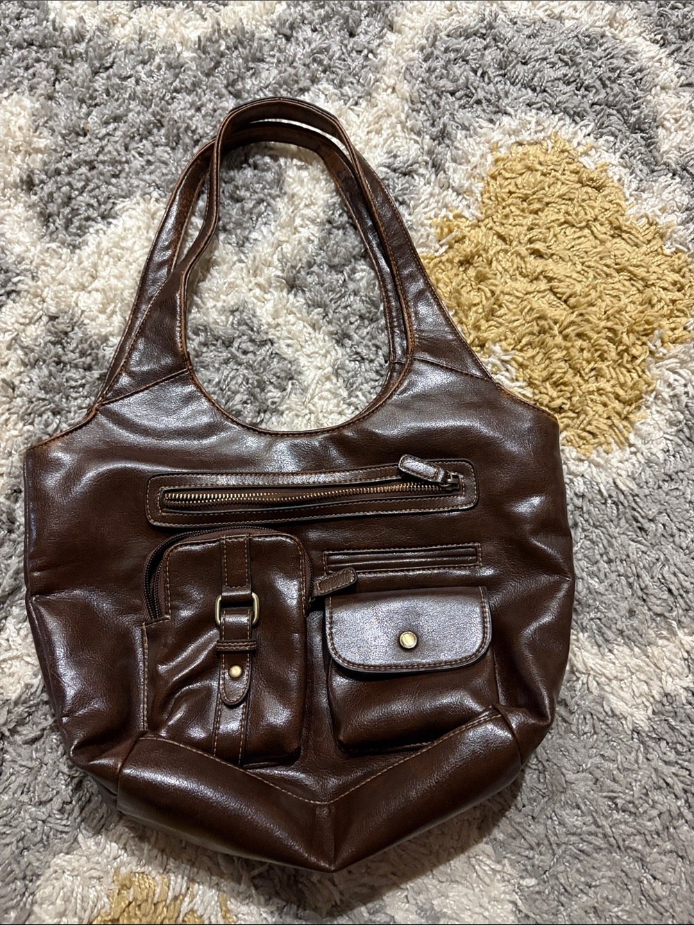 Everyday Dark Brown Leatherette Shoulder Bag with Front Pockets